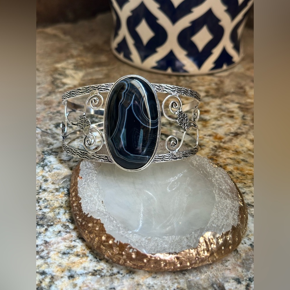 Silver Black Banded Agate Stone Bracelet